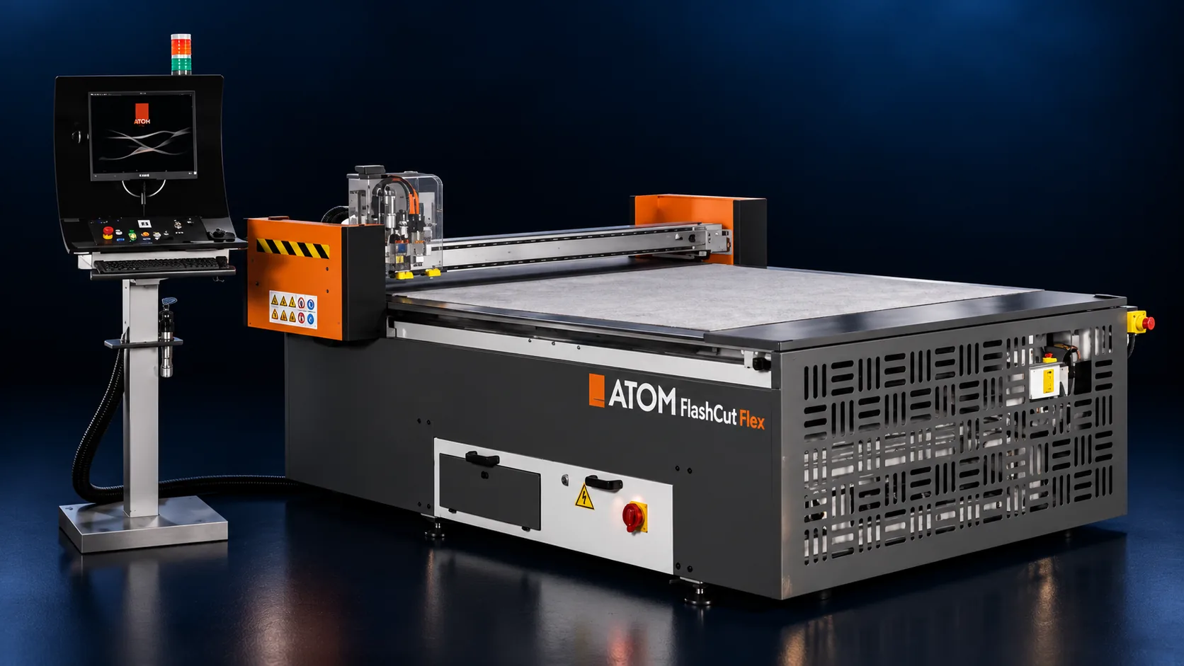 Mesa de corte CNC ATOM FlashCut con cabezal de cuchilla y superficie de trabajo