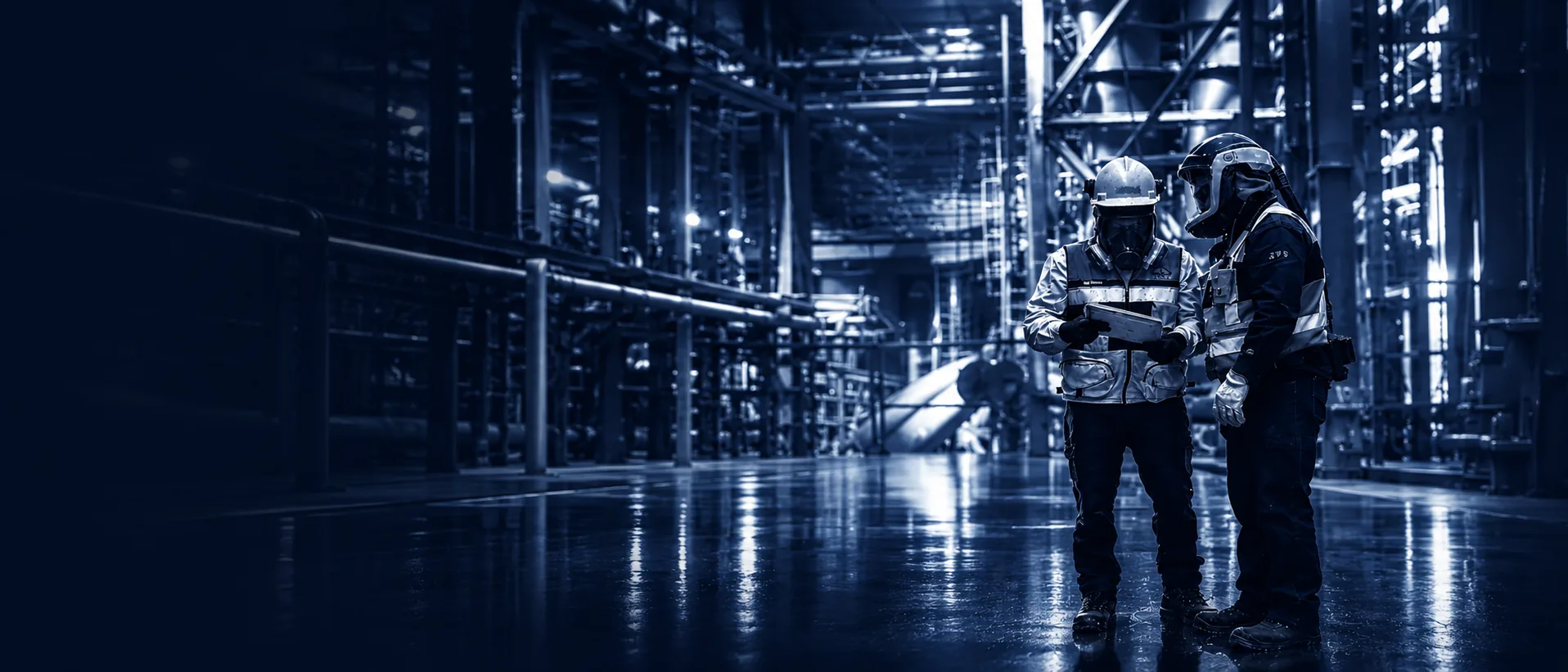 Técnicos revisando documentación en una planta industrial