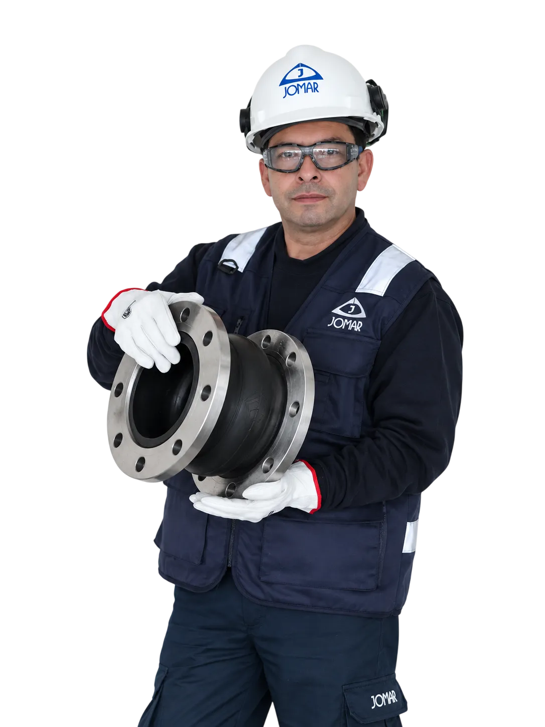 Especialista técnico de Jomar con una junta de caucho de flanges metálicos