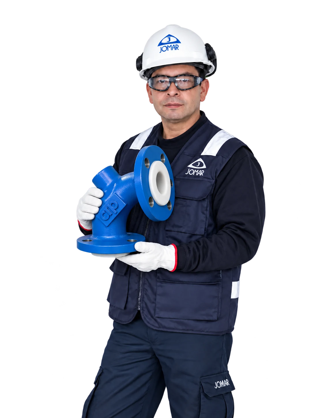 Especialista Jomar sosteniendo un codo de piping revestido, con cuerpo azul e interior blanco